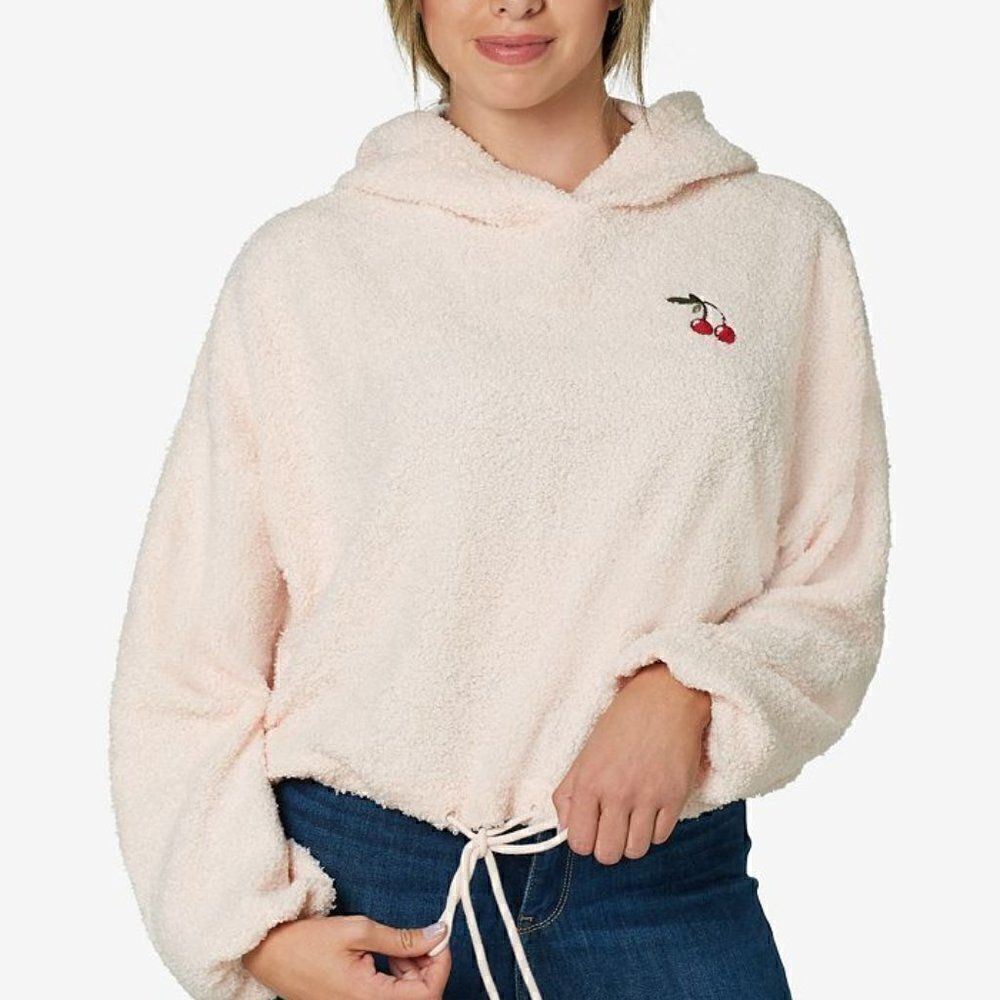 NWT! Polly & Esther Pink Juniors' Drawstring Hem Faux Sherpa Hoodie w Cherries L